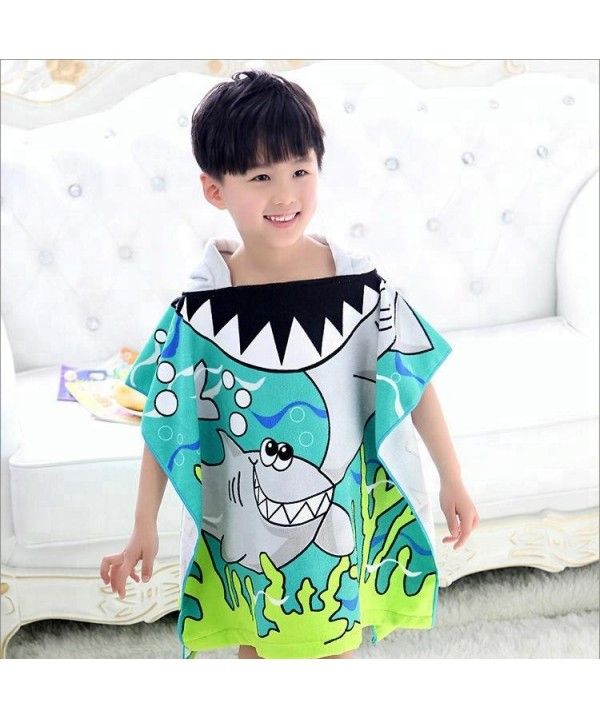 Microfiber Kids Hooded Poncho Beach Bath Towel Shark Printed Children's Hoodie Towel 