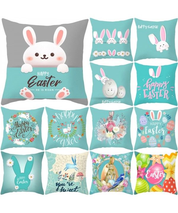 Easter peach leather cushion cover lake blue rabbit egg print cushion cover Amazon pop home