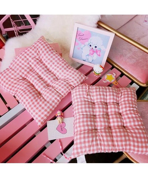 Japanese soft cute girl pink lattice cushion student dormitory office chair cushion in winter thickened soft cushion