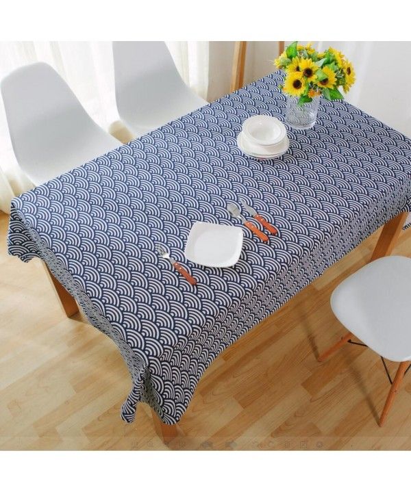 Japanese totem ocean wave dark blue geometric pattern cotton linen table cloth blue tablecloth cushion cloth cover cloth 