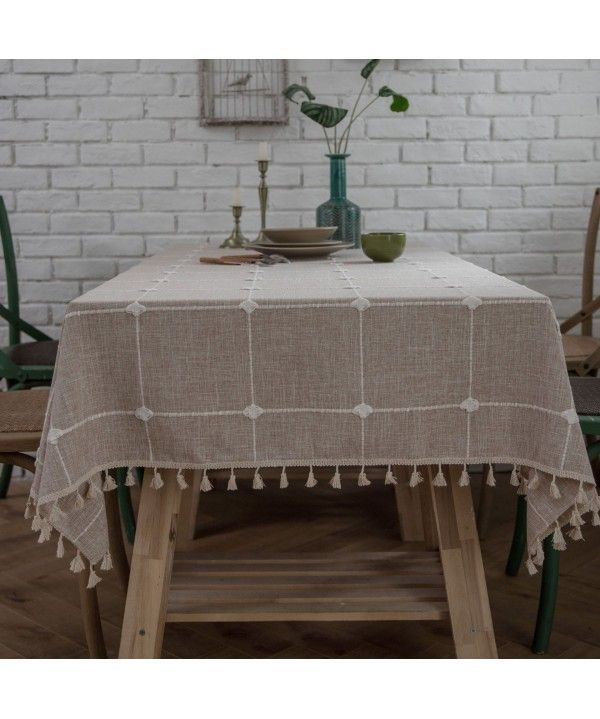 Cross border ins square Plaid embroidered tablecloth solid color cotton linen fabric fringed rectangular tea table table cushion