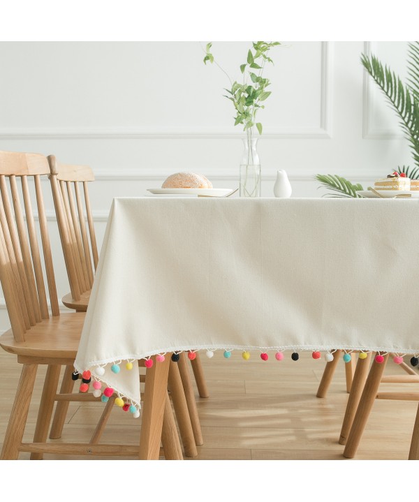 Color wool ball natural plain Cotton Linen Tablecloth cover white tablecloth dustproof tea table cover 